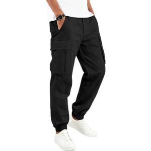 Mens Cargo Joggers Elastic Waist Stretch Sweatpants with 5 Pockets (Black, L)