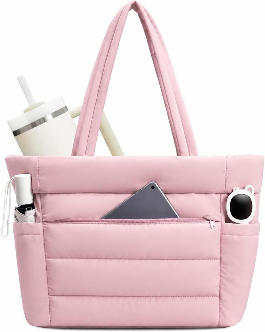 WANDF Puffer Tote Bag for Women with Zipper, Quilted 15.6" Laptop Tote | 40oz Tumbler Holder, 8 Pockets, Lightweight, For College, Teacher, Nurse, Office, Travel