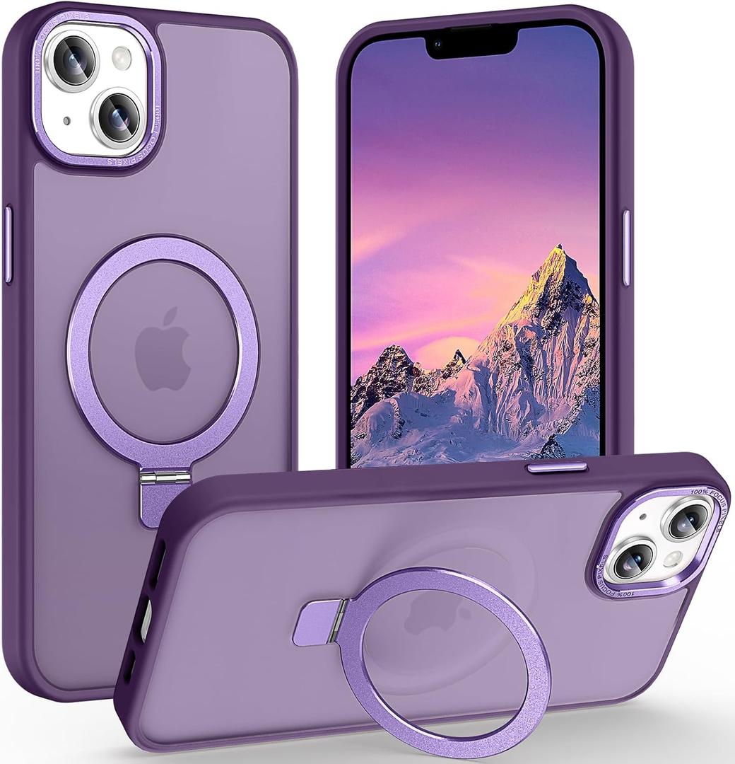 Magnetic for iPhone 13 Case with Ring Stand, [10 FT Drop Protection] [Velvety Touch] Slim Translucent Matte Back Shockproof Phone Case for iPhone 13 6.1'', Dark Purple