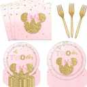 96 PCS Cartoon Mouse 2nd Plates and Napkins Party Supplies Girls Oh Twodles Mouse Happy 2nd Birthday Tableware Set Two Years Old Birthday Dinnerware Party Decorations Serve 24 Guests