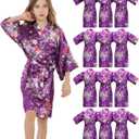 12 Piece Kids Silky Satin Robes Girls Spa Robes for Girls Party Floral Kimono for Wedding Birthday Slumber Spa Party (10, Purple)