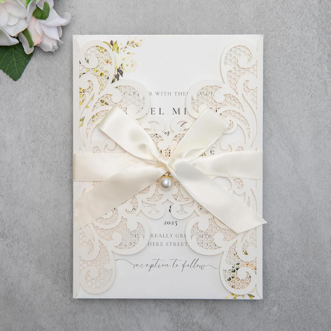 2 x 20Pcs 5.12x7.09 inch Laser Cut Wedding Invitation Cards With Envelopes and Ribbons for Quinceanera Bridal Shower Baby Shower Party Invite (lvory)