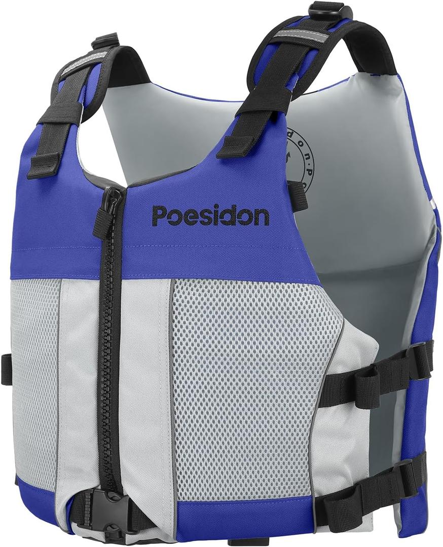 Poseidon Adjustable Water Safety Life Jacket - Classic Unisex Design with Front/Rear Storage Compartments for Multiple Water Activities, Blue M-L