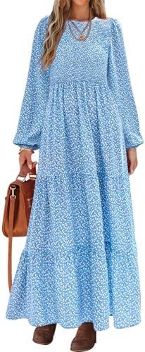 PRETTYGARDEN Women's Fall Dresses 2025 Long Sleeve Flowy Casual Floral Maxi Dress Crew Neck Smocked Tiered Long Dress, S