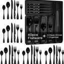 49-Piece Black Silverware Set with Organizer, Stainless Steel Flatware Set for 8 with Drawer Tray, Cutlery Steak Knives Fork Spoon for Home Restaurant, Mirror Finish