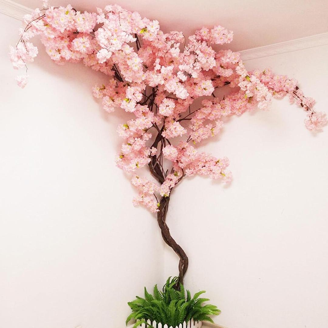 Artificial Cherry Blossom Trees - Fake Flower Background Walls with Simulated Branch and Rattan Design - for Indoor Ceiling Air Conditioning Pipe Ornamental(Pink)