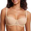 DOBREVA Women's Balconette Bra Lightly Padded Plus Size Sexy Mesh Demi Underwire Bras Wide Cushioned Straps (34DD, Beige)