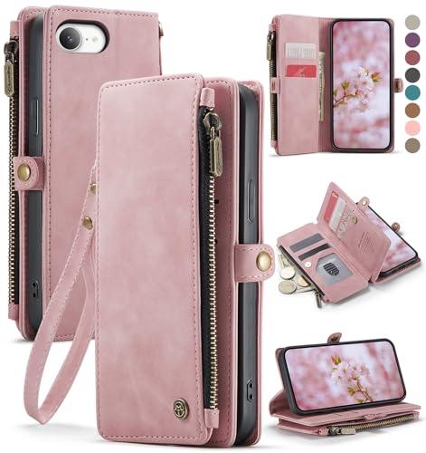 Defencase for iPhone 16E Case Wallet with RFID Blocking Card Holder Slots for Women Men, Elegant PU Leather Magnetic Snap Flip Wristlet Strap Zipper Wallet Phone Cases for iPhone 16e 2025, Pink