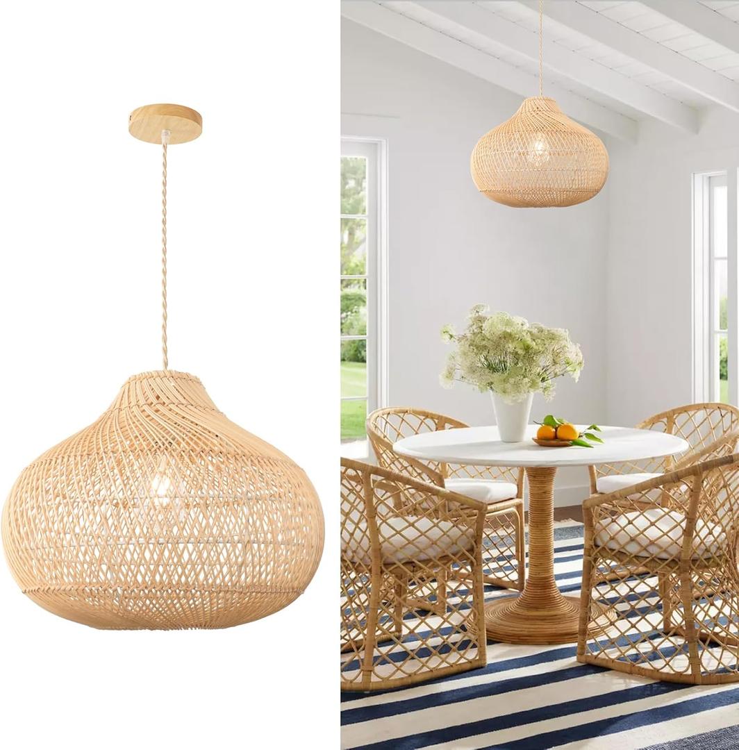LynPon Rattan Boho Pendant Lights, 15.74'' Large Kitchen Island Wicker Chandelier, Hand Woven Farmhouse Pendant Light Fixture, Modern Hanging Chandeliers for Dining Room Foyer Entryway Bedroom Hallway