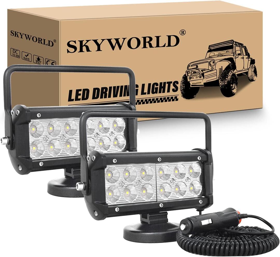 SKYWORLD 2Pcs Portable Magnetic Base Led Work Light Bar, 7 inch 36W Flood Beam, 12V 24V Off Road Driving Lights Fog Lamp for Car Truck 4x4 SUV ATV Tractors Excavator, 6000K White, Led Search Lights