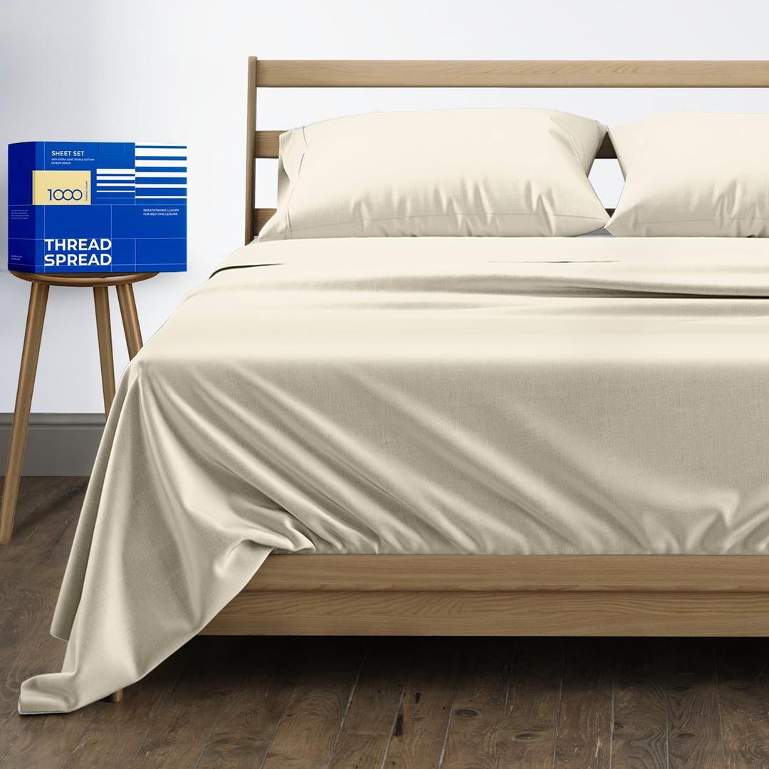 THREAD SPREAD 100% Pure Egyptian Cotton Sheets California King Size - 1000 Thread Count 4 PC Luxury 5-Star Hotel Cal King Sheets, 16" Deep Pocket Sateen Weave, Extra Soft Cooling Bed Sheet Set - Ivory