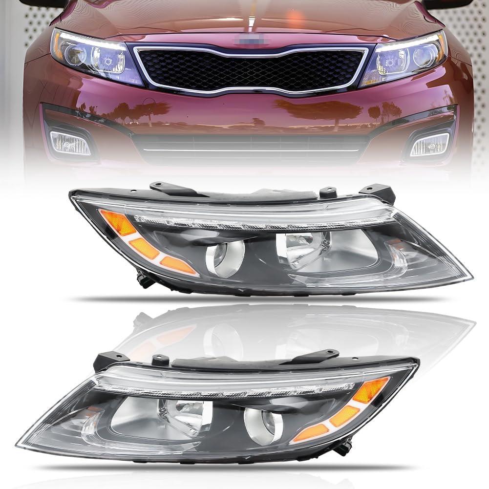 Upgraded Halogen Headlights Assembly for 2014 2015 Optima, [LED Daytime Running Light] Passenger & Driver Side Headlamp with Bulbs Clear Lens Black Housing Amber Reflector, 1 Pair