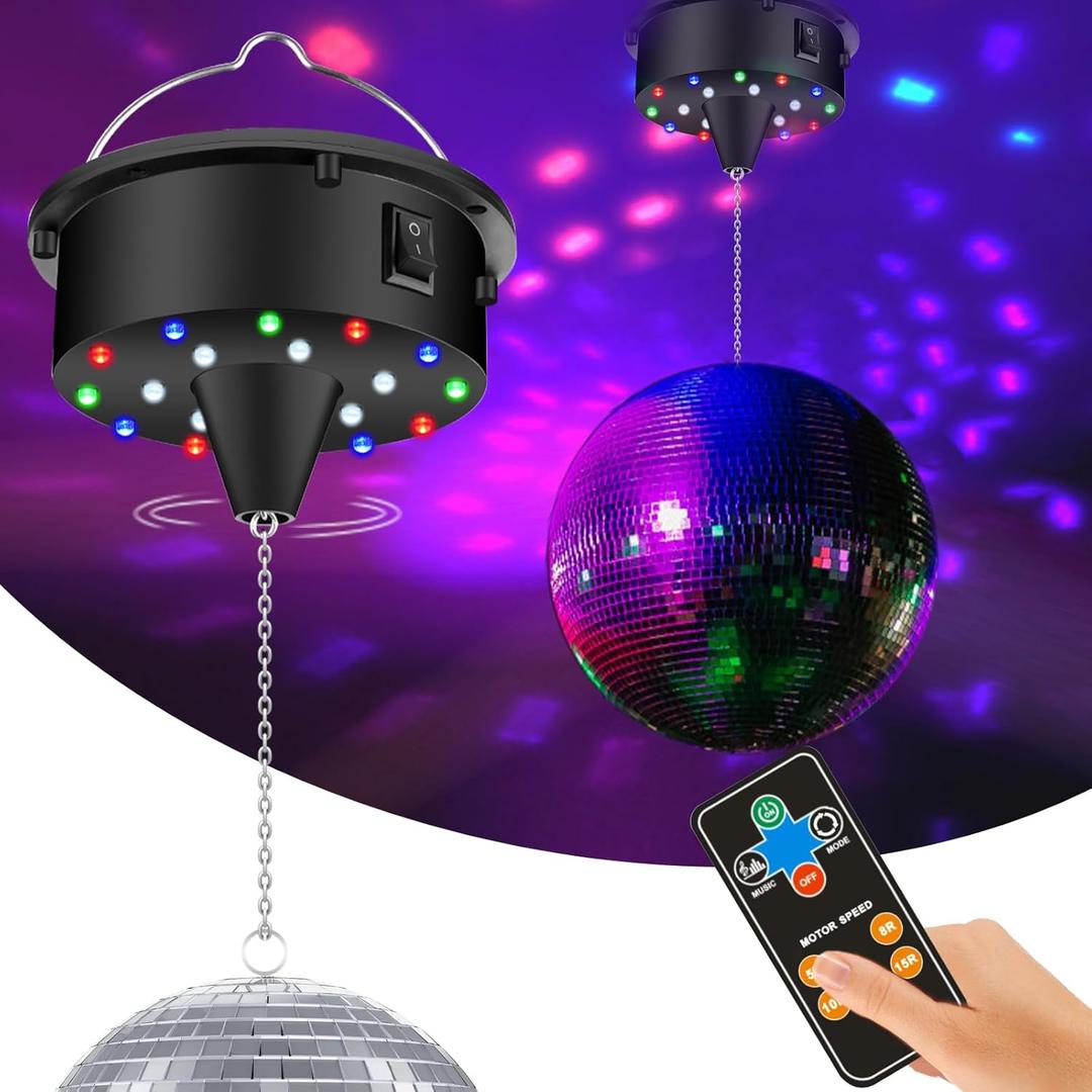 Rotating 5/8/10/15 RPM Disco Ball Motor with Remote for Party Decor, Disco Ball Light with 4 Color Lights and 18 LED Beads, for Hanging 6-15 Inch Mirror Balls(Not Included)
