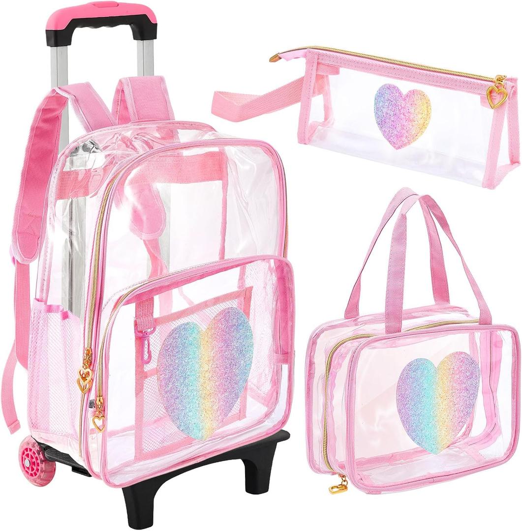 Eccliy 3 Pcs Pink Rolling Clear Backpack for Girl with Wheels Rainbow Heart Clear Backpacks Stadium Approved Backpack