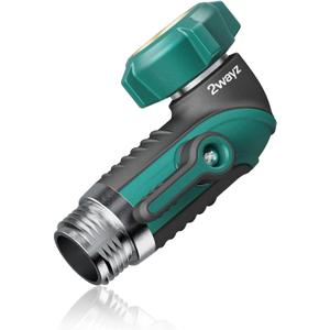 2WAYZ 90 Degree Hose Elbow Adapter - Heavy Duty Full Metal Body Garden Hose Shut Off Valve - 3/4-Inch Inlet and Outlet Angle Connector for RV, Waterhose Elbow - 2.3x2.3x4.1-Inch (Green and Black)