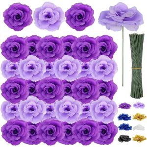 108pcs Roses Head Flowers with Stem - Purple & Lilac Artificial Flowers Rose Bulk - Lavender Purple Silk Rose Fake Flower for Wedding Bouquet Party Home DIY Baby Shower Centerpieces Tables Decoration