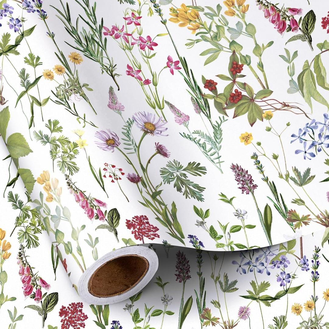 RUSPEPA 30" X 32.8' Wild Flower Wrapping Large Paper Roll for Women Girls, Jumbo Roll, Elegant Floral Design Gift Wrap Perfect for Birthday, Bridal Shower, Spring, Wedding, Mother's Day, 82 sq. ft.