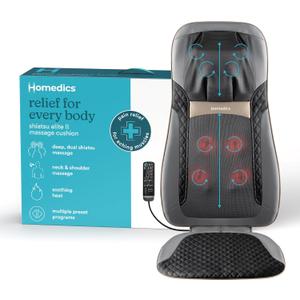 HoMedics Back Massager with Heat, Shiatsu Elite II Heated Neck and Back Massage Cushion. 3 Different Massage Styles and 3 Massage Zones. Comes with Controller and Chair Straps