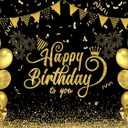 7x5ft Happy Birthday Backdrop Black and Gold Glitter Balloon Fireworks Sign Birthday Photo Backdrop Background for Birthday Party Decoration Supplies Banner Photoshoot Photography Background