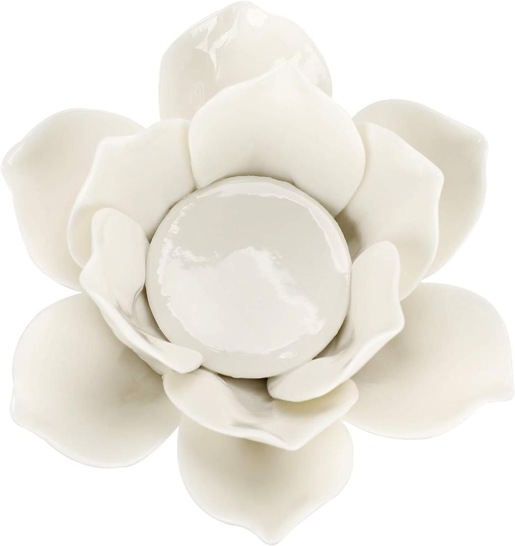 OwnMy 4.5 Inch Ceramic Lotus Flower Tea light Holder Lotus Petals Candle Holder Candlestick, Votive Flower Tealight Candle Holder Candle Lamps Holder with Gift Box for Home Decor Wedding Party (White)