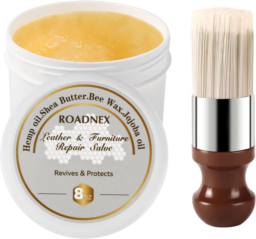 Leather Repair Salve & Brush Set, Leather Cleaner and Conditioner for Furniture, Couch, Car Seats - Scratch Repair, Restore Color, UV Protection, for Leather, Vinyl & Wood - 8oz