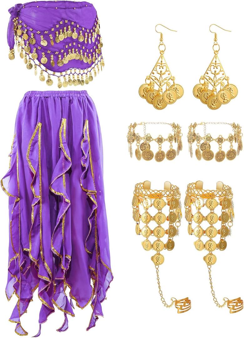 Haysandy 8 Pcs Belly Dance Outfit Sets Women,Belly Dance Skirt, Hip Scarf, 2 Bracelets, Earrings, Anklet Bracelet (Purple)