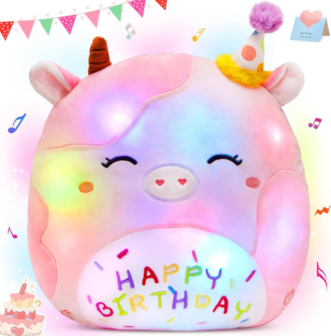 Light up Musical Happy Birthday Cow Plush Pillow,LED Stuffed Animals,Pink Cow Glowing Singing Plush Toy,Cute Plushie Doll Birthday Gift for Toddler Boys Girls,14''