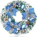 Pre-lit Christmas Wreaths for Front Door 13.7 Inches Christmas Blue Flowers Wreath Decorations with Blue Ball Pine Cones Ornaments 20 LED Lighted Hoop for Xmas Outdoor Wall Window