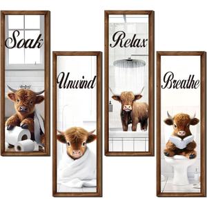 Honoson 4 Pcs Highland Cow Funny Bathroom Decor Wall Art, Bathroom Highland Cow Art Prints Pictures Wooden Relax Soak Unwind Breathe Rustic Farmhouse Wall Decor Signs for Home Spa Laundry 4x12 Inch