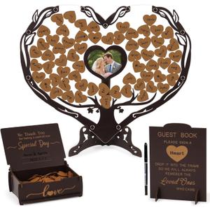 Heart Wedding Guest Book Alternative, Coffee Color Rustic Wooden Wedding Souvenirs with Heart Picture Frame, Heart Guest Book Drop Box, Personalized Decor Party Birthday