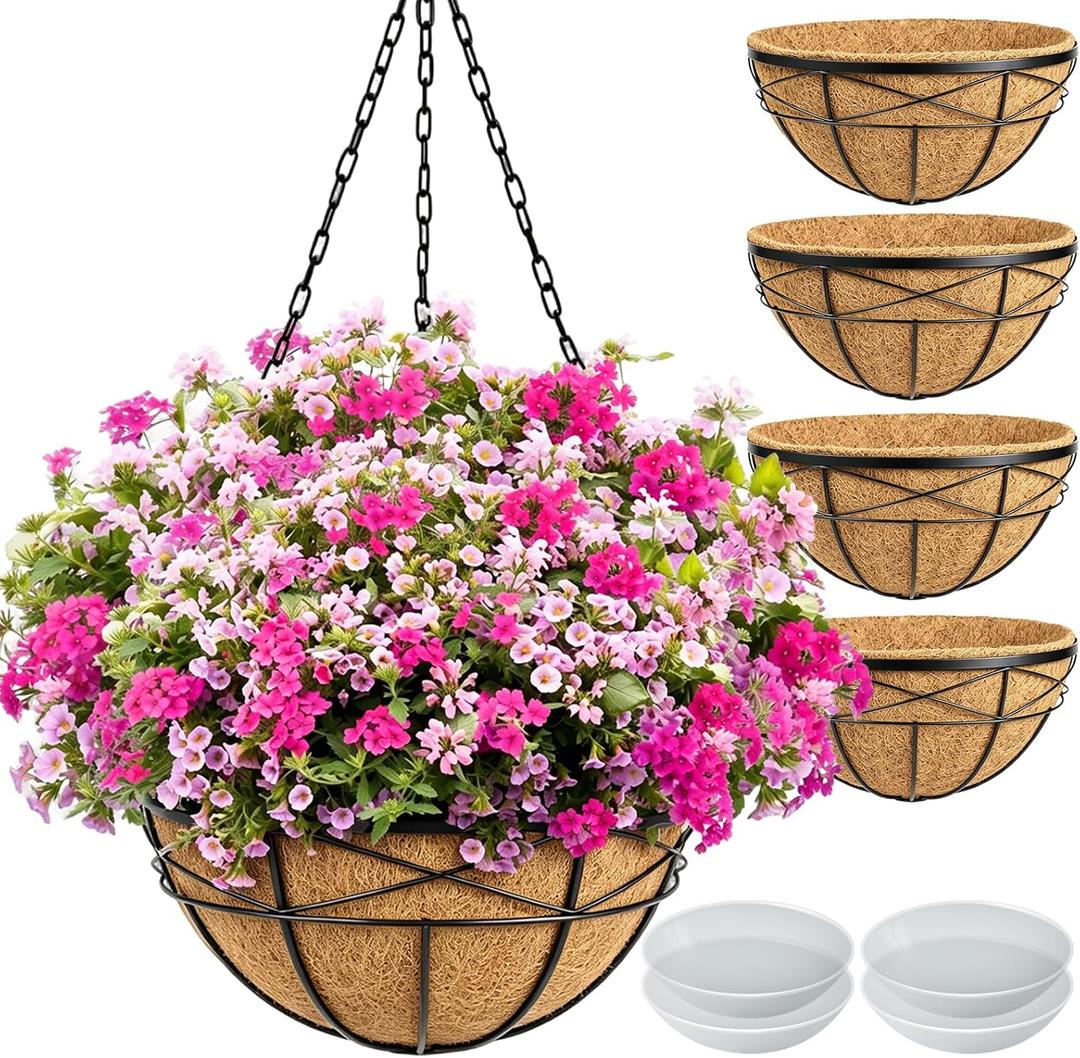 4 Pack 16 Inch Hanging Planters for Outdoor Plants Metal Wire Flower Baskets with Coco Liner & Plastic Saucer Large Deep Hanging Plant Pots for Porch Balcony Garden Décor