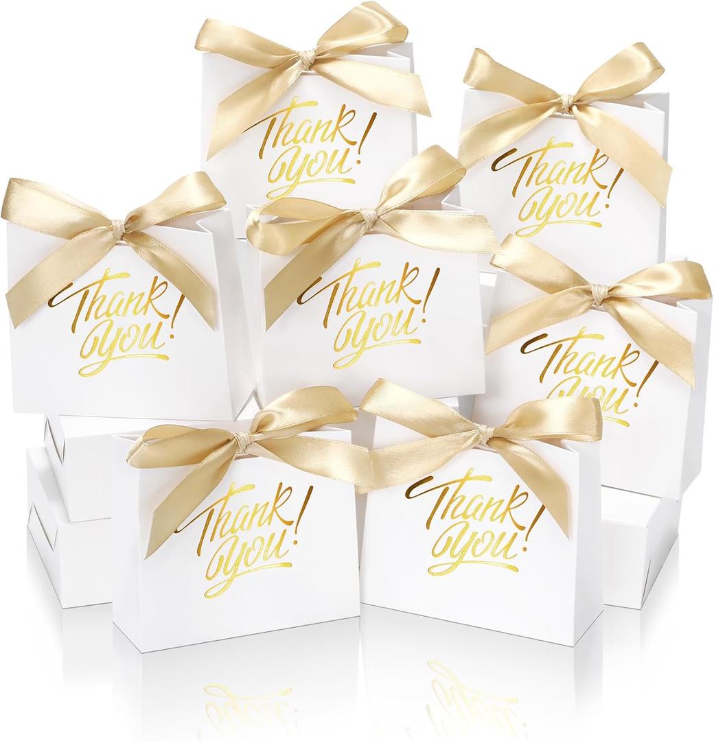 DOYIDE 30 Pack Small Thank You Gift Bags, 4.5x1.8x3.9in Party Favor Bags with Bow Ribbon, Mini Paper Gift Bag with Gold Foil Printed, White Treat Boxes for Birthday Wedding Bridal Baby Shower