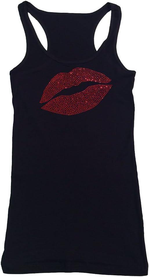 Women's Rhinestone Fitted Tight Snug Shirt Sexy Red Lips (Medium, Black Tank Top)