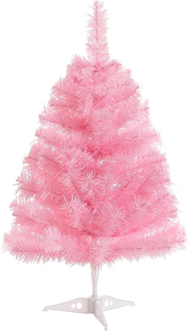 Gloreyan 2FT Artificial Christmas Tree Pink Tabletop Christmas Tree with Plastic Stand Mini Xmas Pine Tree for Party Supplies Indoor Outdoor Holiday Home Decoration (Pink)