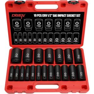 DISEN 19 Pcs 1/2" SAE Impact Socket Set, Deep Sockets 3/8"- 1-1/2", 6-Point Cr-V & Alloy Steel, 1/2 Inches Drive Impact Socket Set,Rugged Construction, Enhanced Storage Case