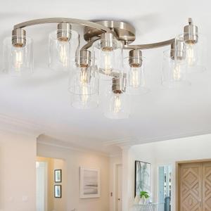Brushed Nickel Bedroom Ceiling Light Fixtures, 9-Light Semi Flush Mount Ceiling Light with Clear Glass Shade for Kitchen, Living Room, Foyer, Entryway