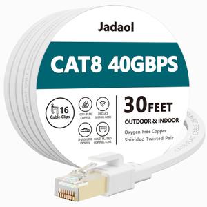 Jadaol Cat 8 Ethernet Cable 30 ft, 40Gbps 2000MHz Flat RJ45 S/FTP LAN Patch Cable, High-Speed Cat8 Network Cable for Router, Modem, Switch, Gaming Consoles, PC, Home Network & Streaming Devices, White