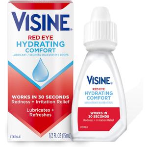 Visine Red Eye Hydrating Comfort Redness Relief and Lubricant Eye Drops to Help Moisturize and Relieve Red Eyes Due to Minor Eye Irritations Fast, Tetrahydrozoline HCl, 0.5 fl. oz
