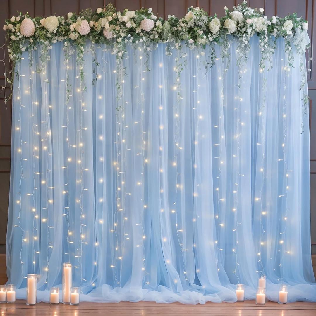10x10ft Baby Blue Tulle Backdrop Curtain with Lights String for Parites, Sheer Photo Backdrop Curtain Drapes for Wedding Baby Shower Bridal Shower Birthday Party Photo Shoot Decorations 10ft x 10ft - 2 Panels