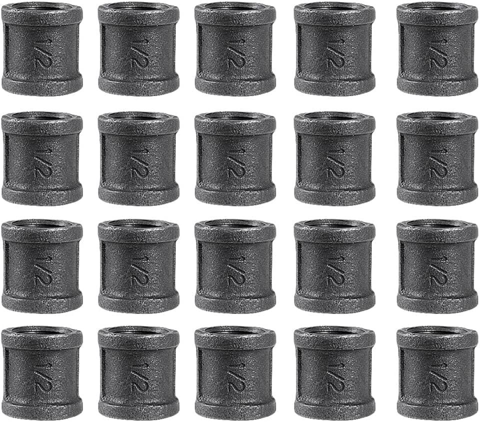 20 Pack 1/2 inches Malleable Cast Iron Pipe Coupling, Industrial Pipe Flanges for Threaded Black Pipes and Fittings, DIY Steampunk Industrial Vintage Style.