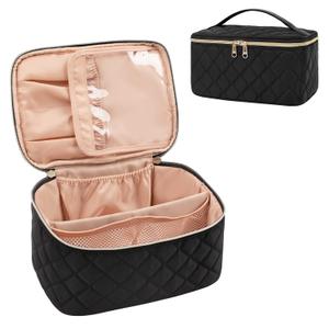 OCHEAL Portable Cosmetic Bag For Women, Large Capacity Travel Makeup Case Organizer, Rhombus Black, Toiletry Bag for Girls Traveling With Handle and Divider