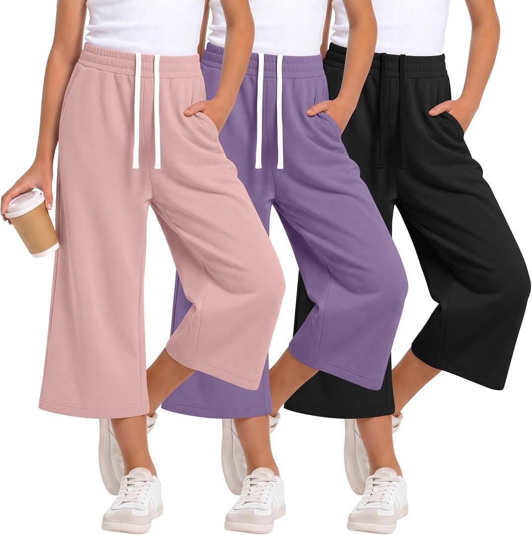3 Pack Girls Wide Leg Capri Sweatpants | Drawstring Waist, Cropped Length, Pockets, Casual, Active, Soft, Comfortable, Loose Fit, School, Playwear, Daily Wear