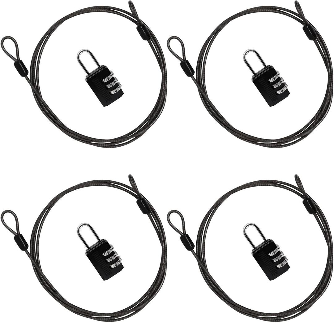 Cable Lock Double Loops 5Ft Long Black Security Cable with Lock, Bike Locks Cables 2.5mm Braided Steel Coated Safety Cables Wire for Luggage, Outdoor, Clothesline (4 Pack)