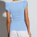 AGSEEM Women Summer Ruffle Tops Sexy Deep V Neck Short Sleeve Shirts Trendy Casual Ribbed Slim Fitted Knit Tees Blouse (Blue, M)