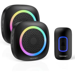 TECKNET Wireless Doorbell with 2 Portable Receivers, Battery Powered Doorbell with RGB Light, IP66 Waterproof Door Chime Kit, 1300ft Wireless Range, 0-110dB & 60 Chimes, 36-Month Long Battery Life