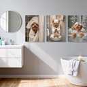 Framed 3Pcs Funny Bathroom Wall Art Dog Playing Phone on Toilet and Taking Bath in Bathroom Pictures Posters Cute Pet Canvas Prints Wall Decor for Dog Lovers Bathroom and Laundry Room Decoration