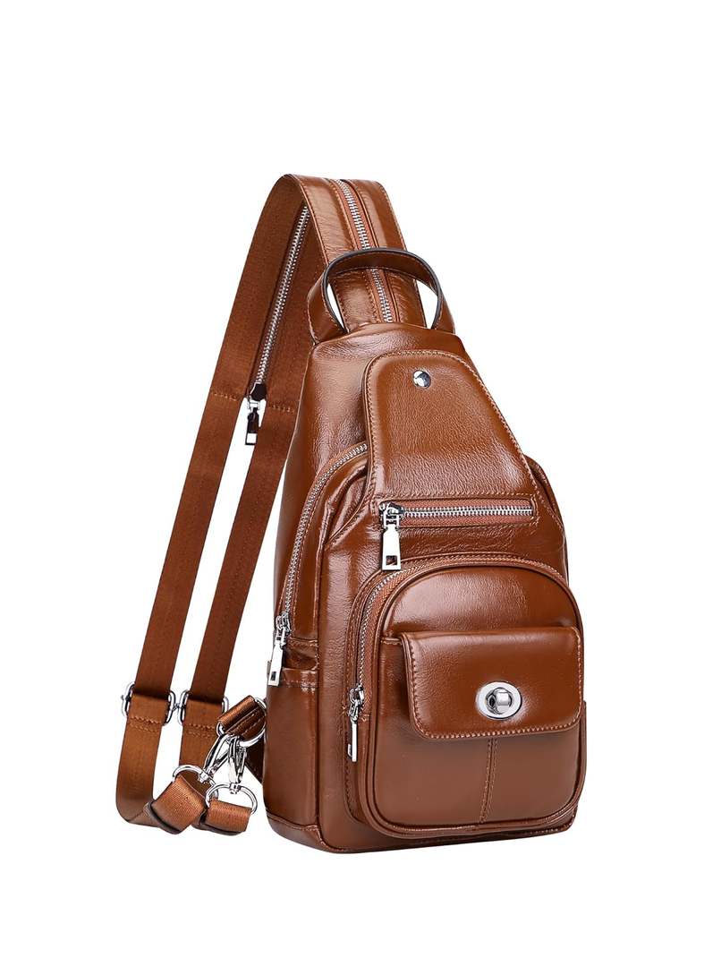 Over Earth Genuine Leather Sling Bag for Women Men Small Crossbody Purse Causal Hiking Chest Backpack
