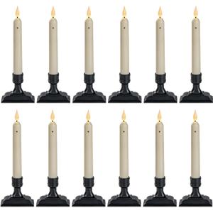 Homemory 12 Pcs Window Candles with Sensor Dusk to Dawn, Ivory Electric Window Candle Flickering, Christmas Fake Candles Battery Operated, Led Candlesticks with Black Holders for Xmas Holiday Decor