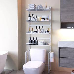Tokokimo Over The Toilet Storage Shelf4 Tier Over Toilet Bathroom Organizer with Adjustable Shelf Waterproof Feet Pad and Basket, Freestanding Bathroom Shelves Above Toilet Space Saver, White