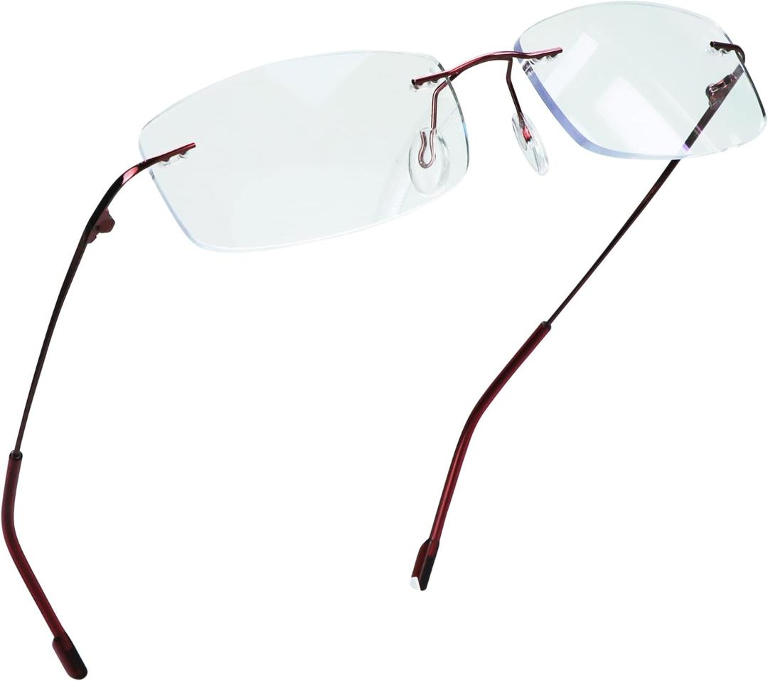 LifeArt Blue Light Blocking Computer Reading Glasses,Men's and Women's Rimless Frame (Red, +1.75 Magnification)